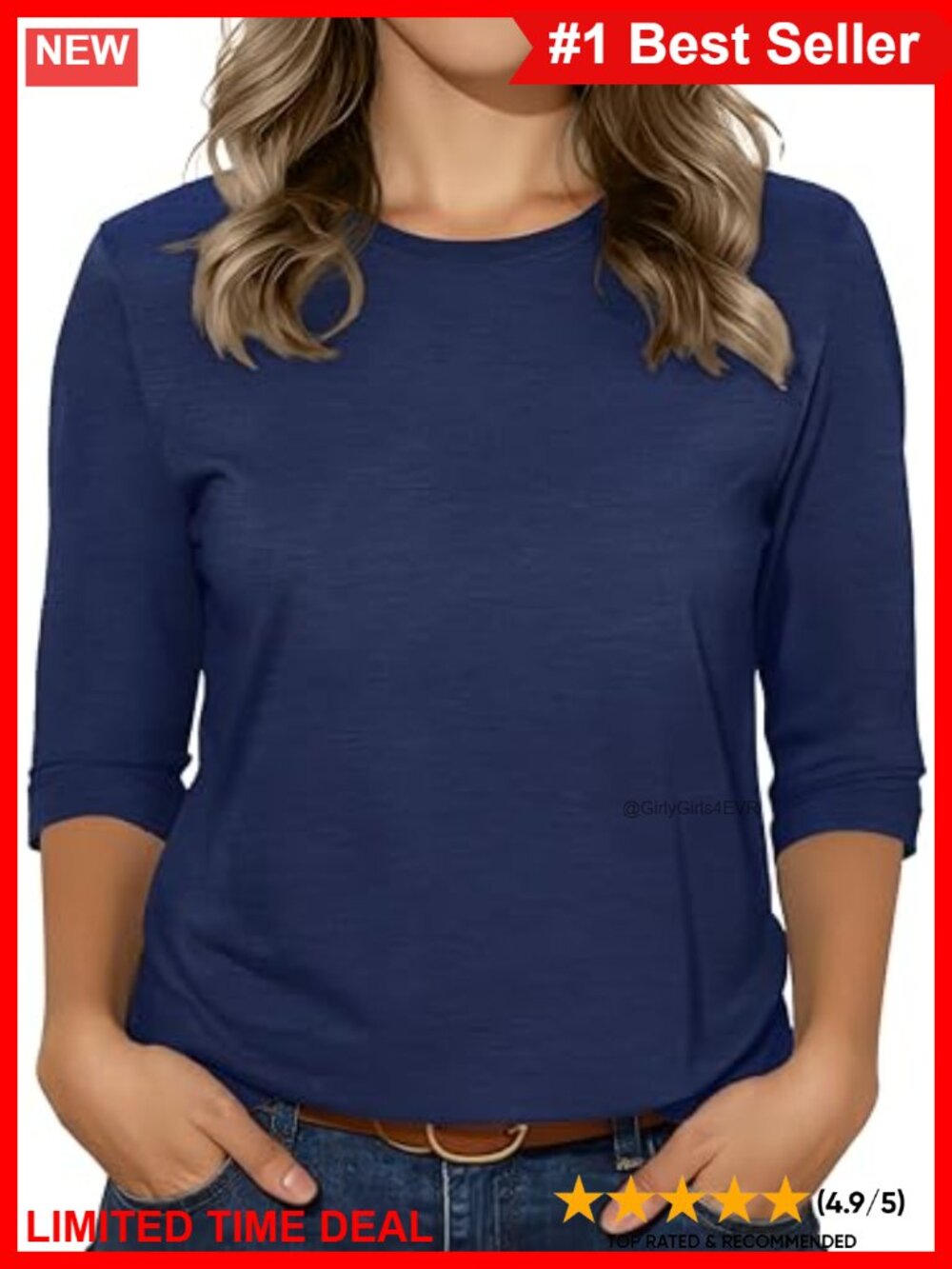 Women's 3/4 Sleeve Crew Neck Solid Basic Tee Blouse Top